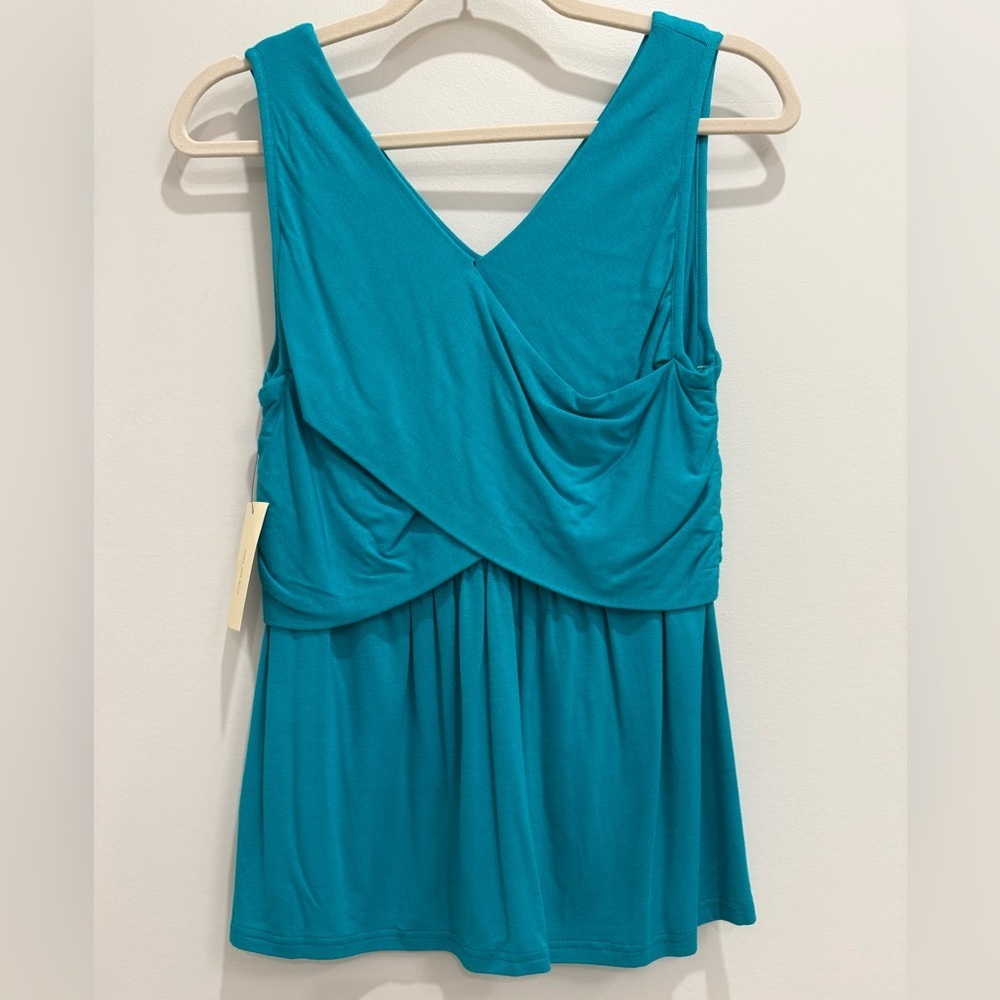 Skies Are Blue Teal Sleeveless Crossover Top Medium Draped Stretch Blouse NWT - Picture 2 of 6